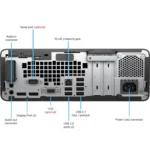 Back of desktop PC showing multiple ports: audio out/in, display/video ports, VGA, USB 2.0/3.0, RJ-45 network, HDMI-like slots, power input.