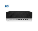 HP ProDesk compact desktop computer with black vented top and front USB ports, silver base, HP logo on the left
