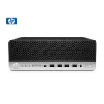 HP ProDesk compact desktop computer with black vented top and front USB ports, silver base, HP logo on the left