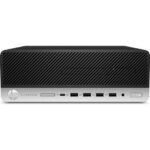 Front view of an HP EliteDesk desktop: black vented top with silver bottom, USB ports and power button on the front panel.
