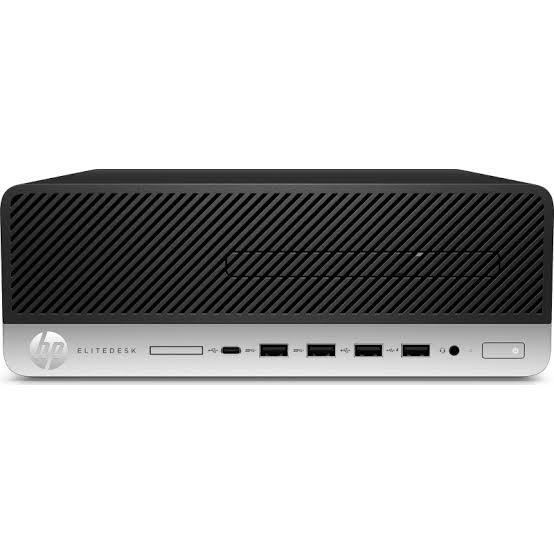 Front view of an HP EliteDesk desktop: black vented top with silver bottom, USB ports and power button on the front panel.