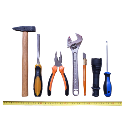 Row of hand tools on a white background: hammer, screwdrivers, needle-nose pliers, adjustable wrench, pencil, a small tool, flashlight, and a tape measure.