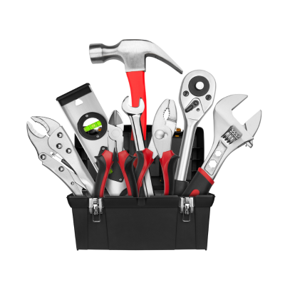 Black tool box overflowing with assorted hand tools, including a hammer, pliers, wrenches, screwdrivers, level, and a tape measure with red-handled tools