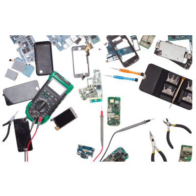 Assorted smartphone parts and repair tools scattered on a white background.