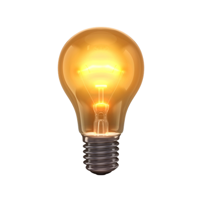 Lit incandescent light bulb glowing with a warm amber light.