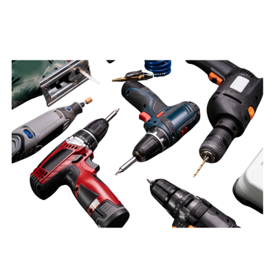Variety of cordless power drills and drill bits arranged on a white background.