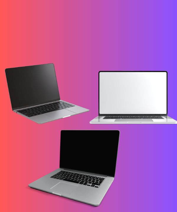 Three open laptops floating on a pink-to-purple gradient background, illustrating computer devices or tech setup.