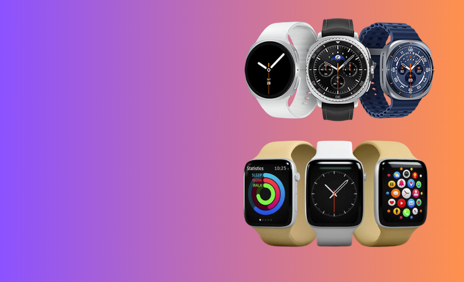 Six smartwatches with different colored bands arranged on a purple-to-orange gradient background, showcasing wearables for daily use and fitness tracking.