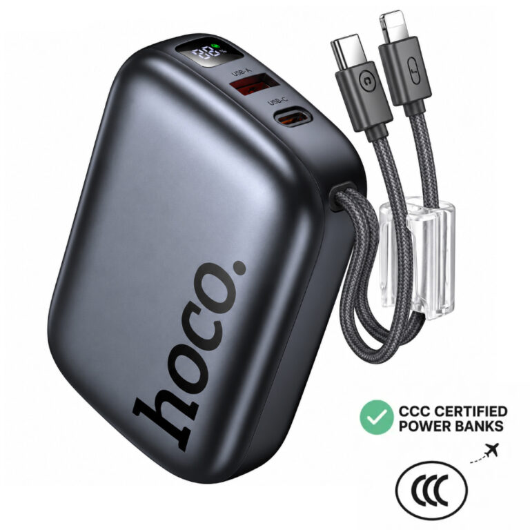 Power Bank Hoco Q55 Rock Mini 20000mAh PD20W QC USB-C USB-A και Ενσωματωμένα Καλώδια USB-C Lighting LED Γκρι με Πιστοποίηση CCC