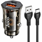 Φορτιστής Αυτοκινήτου Hoco. DZ16 Apex Lightweight USB-C PD30W + USB-A 18W QC3.0A με Καλώδιο USB-A σε USB-C Διάφανος Φιμέ