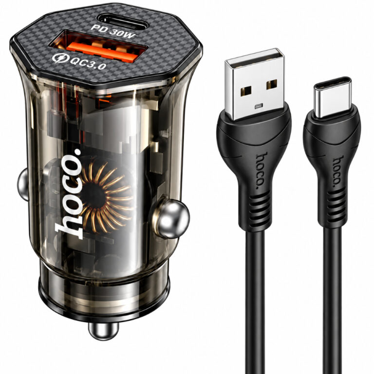 Φορτιστής Αυτοκινήτου Hoco. DZ16 Apex Lightweight USB-C PD30W + USB-A 18W QC3.0A με Καλώδιο USB-A σε USB-C Διάφανος Φιμέ