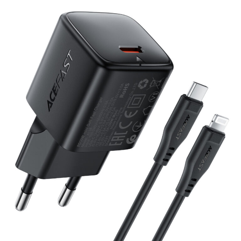 Φορτιστής Ταξιδίου Acefast A118 Mini Fast Charging 1xUSB-C PD30W QC3.0 GaN με USB-C σε Lightning Καλώδιο 1.2m Μαύρος
