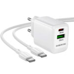 Φορτιστής Ταξιδίου Borofone BN27 Fuente GaN με 1xUSB-C PD20W 1xUSB-A QC3.0A και Καλώδιο USB-C σε USB-C Λευκός