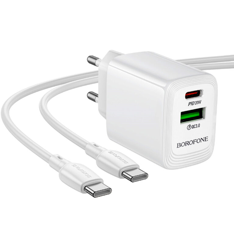 Φορτιστής Ταξιδίου Borofone BN27 Fuente GaN με 1xUSB-C PD20W 1xUSB-A QC3.0A και Καλώδιο USB-C σε USB-C Λευκός